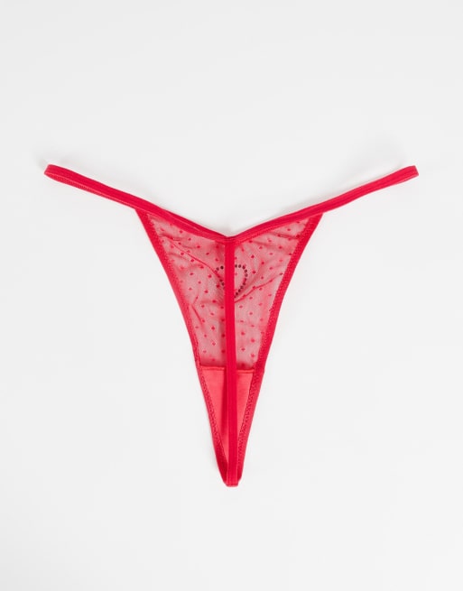 ASOS DESIGN - Set van 3 strings van mesh met V-voorkant en hartjes van siersteentjes in roze en rood, 2 van 4