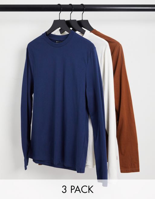 ASOS DESIGN - Set van 3 T-shirts met lange mouwen en ronde hals in donkerblauw, crème en bruin