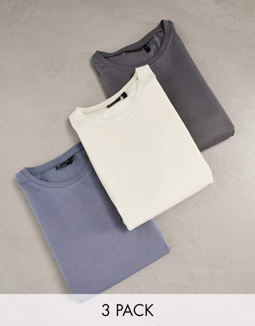 ASOS DESIGN - Set van 3 T-shirts met lange mouwen en ronde hals in stone, blauw met wassing en grijs