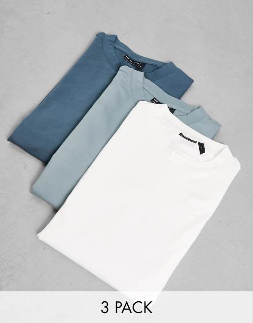 ASOS DESIGN - Set van 3 T-shirts met lange mouwen en ronde hals in verwassen blauw, wit en blauw