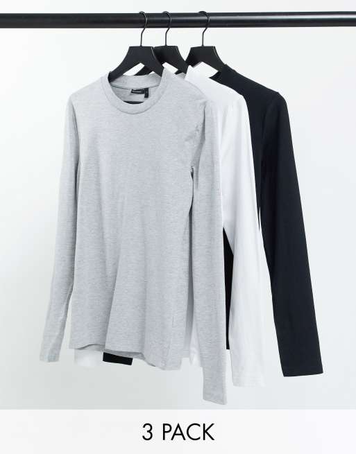 ASOS DESIGN - Set van 3 t-shirts met lange mouwen, ronde hals en muscle fit in wit, zwart en gemêleerd grijs