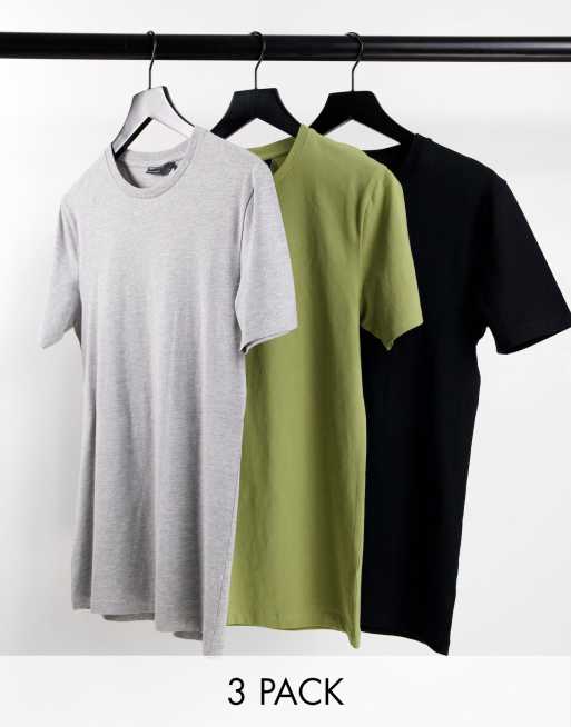 ASOS DESIGN - Set van 3 t-shirts met muscle fit en ronde hals in gemêleerd grijs, kaki en zwart