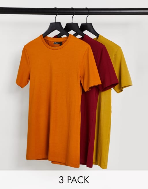ASOS DESIGN - Set van 3 t-shirts met muscle fit en ronde hals in oranje, bordeauxrood en mosterdgeel