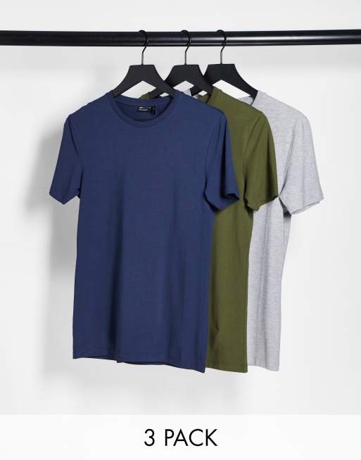 ASOS DESIGN - Set van 3 t-shirts met muscle fit in donkerblauw en gemêleerd grijs