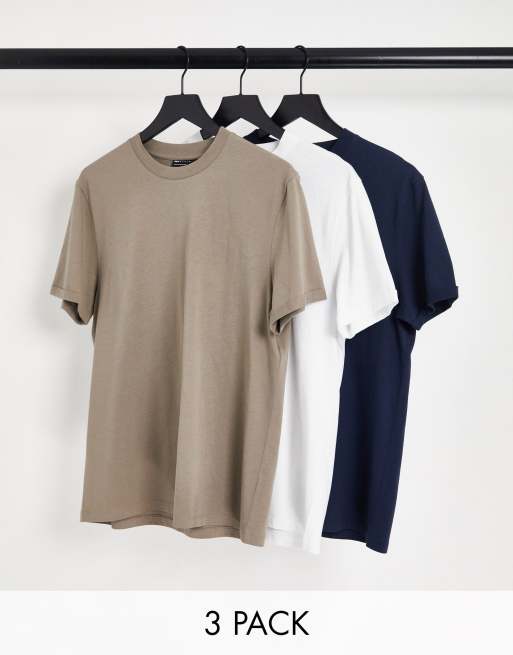 ASOS DESIGN - Set van 3 t-shirts met omgeslagen mouwen in beige, wit en zwart