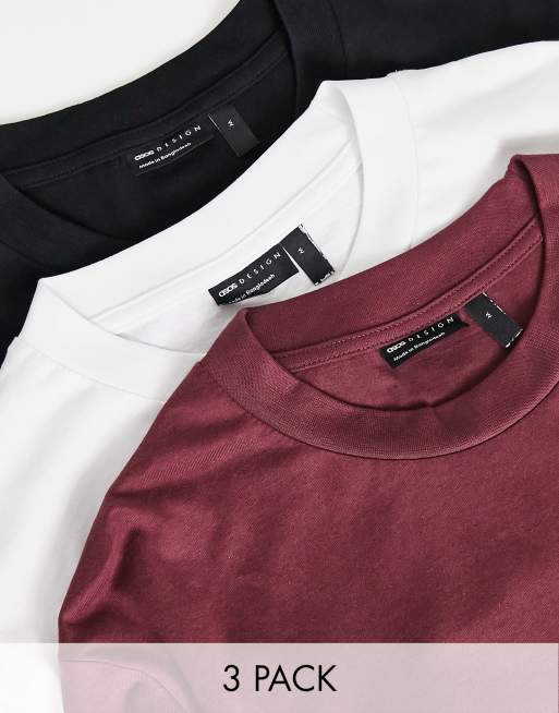 ASOS DESIGN - Set van 3 t-shirts met omgeslagen mouwen in wit, zwart en bordeauxrood