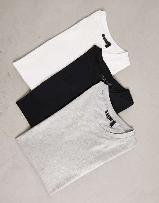 ASOS DESIGN - Set van 3 t-shirts met ronde hals en omgeslagen mouwen in wit, gemêleerd grijs en zwart