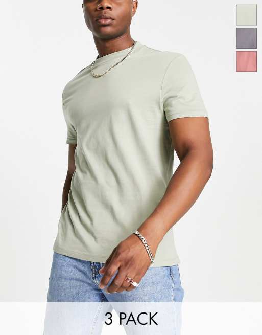ASOS DESIGN - Set van 3 t-shirts met ronde hals in kaki, roze en grijs