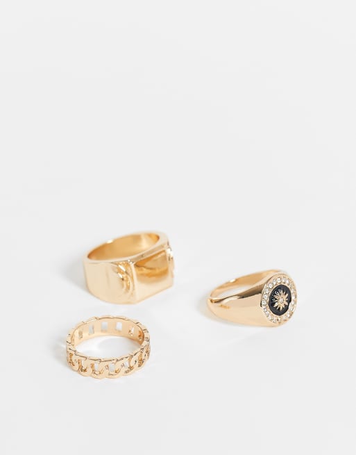 ASOS DESIGN - Set van 3 verschillende ringen met schakels en zegels in goudkleur