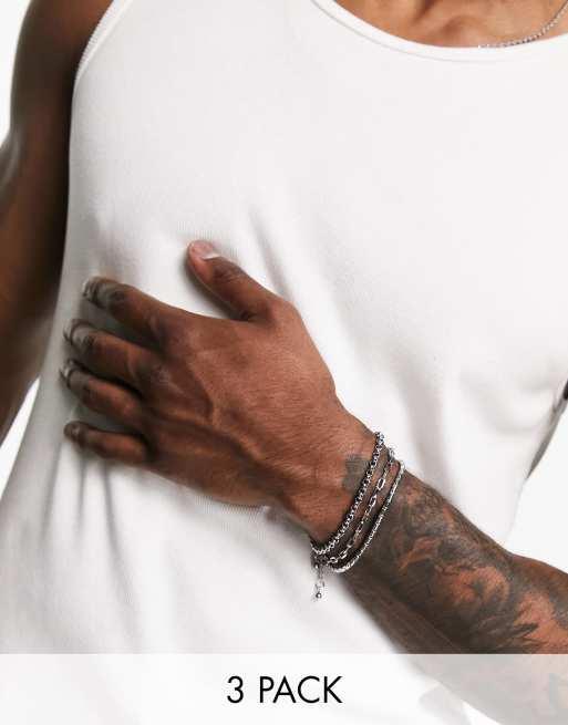 ASOS DESIGN - Set van 3 verschillende skinny schakelarmbanden van waterbestendig roestvrij staal in zilverkleur