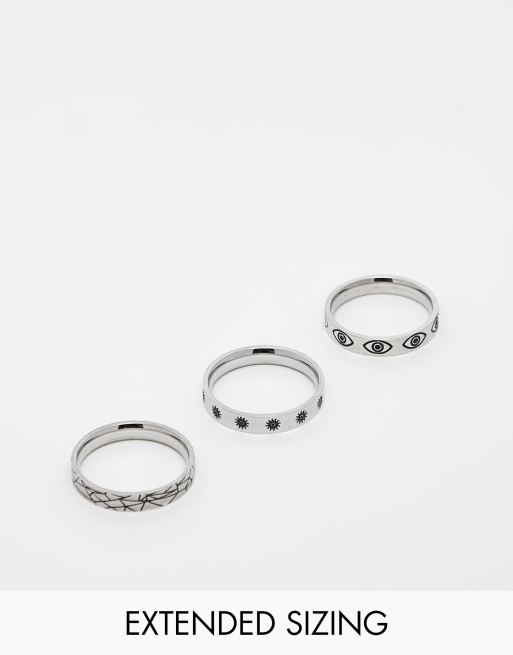 ASOS DESIGN - Set van 3 waterbestendige ringen van roestvrij staal met oog- en zonmotief in zilverkleur