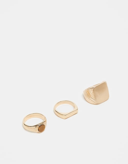 ASOS DESIGN - Set van 3 zegelringen met halfedelstenen tijgeroogje in goudkleur