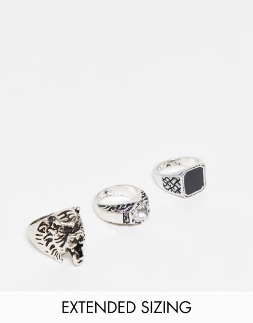 ASOS DESIGN - Set van 3 zegelringen met tijgerkop in gepolijste zilverkleur