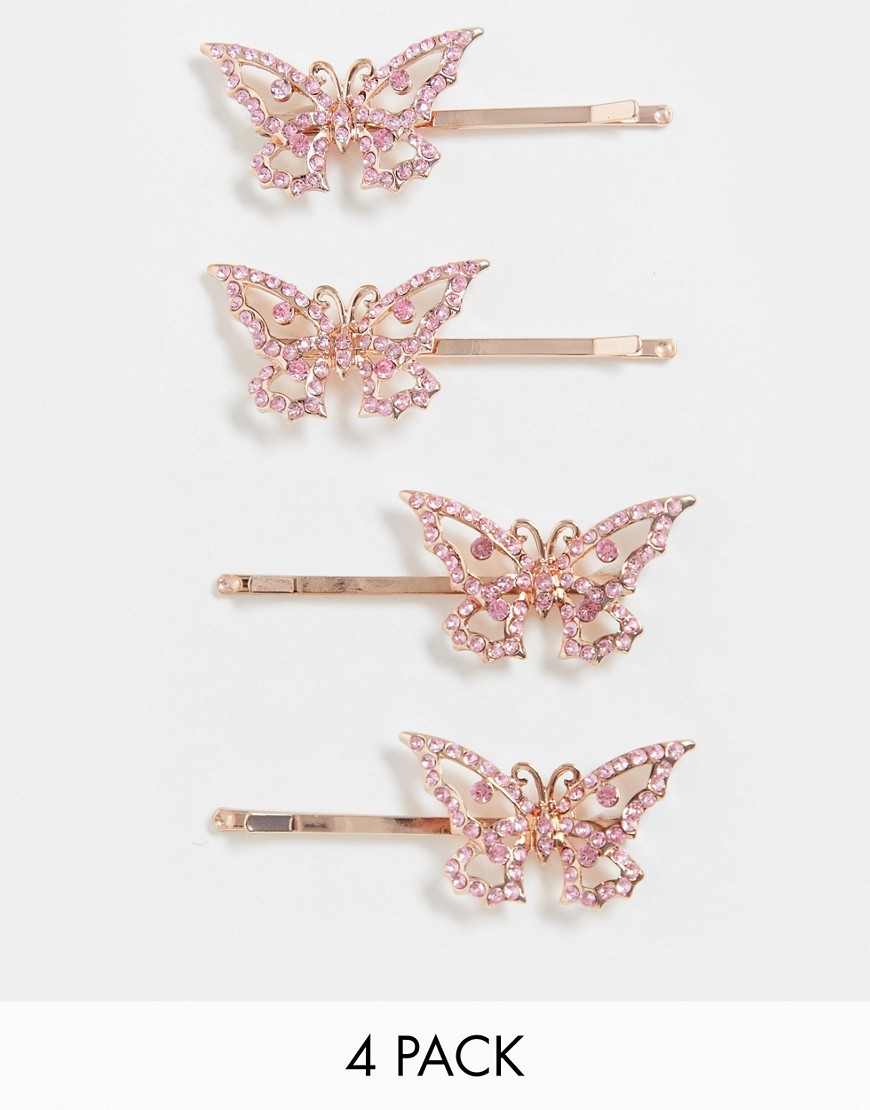 ASOS DESIGN - Set van 4 haarspeldjes met vlinder van roze kristal