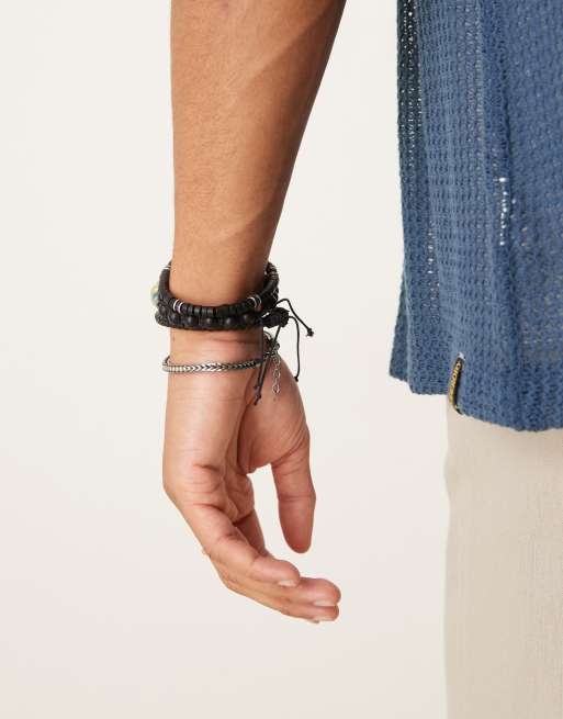 ASOS DESIGN - Set van 4 kralen- en schakelarmbanden in zwart , 2 van 3