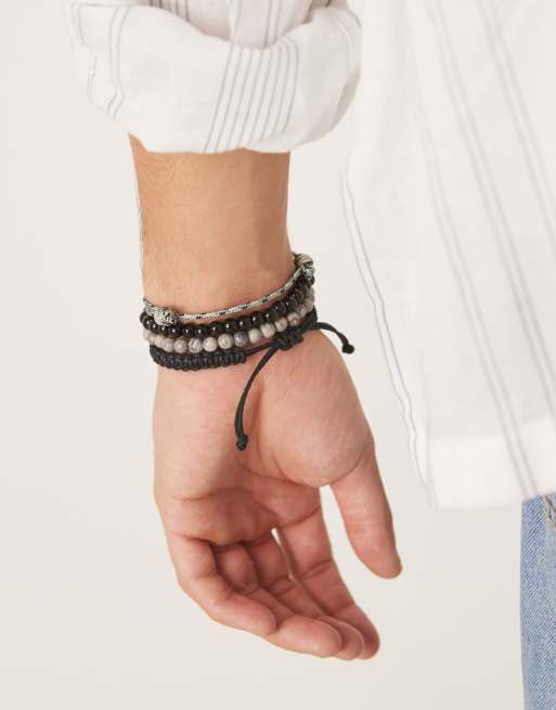 ASOS DESIGN - Set van 4 kralenarmbanden met halfedelstenen picasso jaspis en obsidiaan in multi, 3 van 3