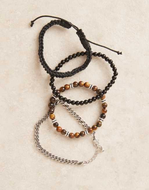 ASOS DESIGN - Set van 4 kralenarmbanden met halfedelstenen tijgeroog en obsidiaan in multi, 3 van 3