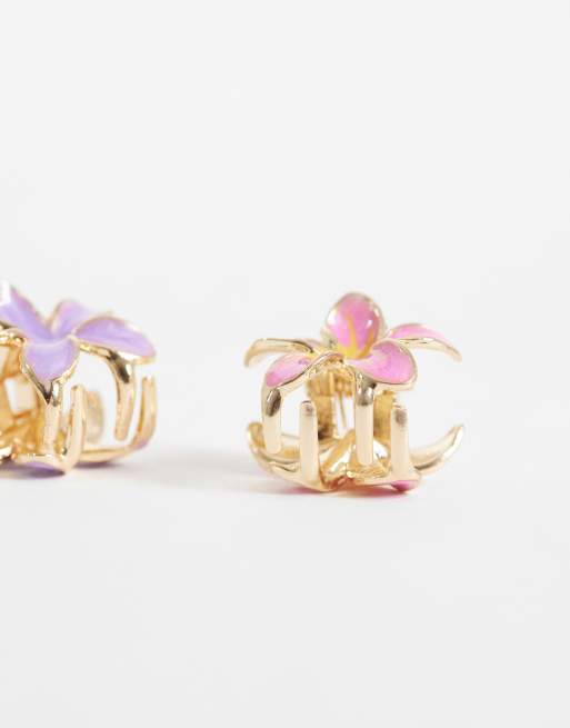 ASOS DESIGN set van 4 mini haarclips met bloemenmotief in roze en paars, 2 van 3