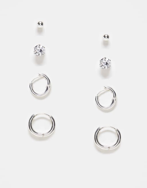ASOS DESIGN - Set van 4 paar oorbellen verzilver met echt zilver waaronder oorknopjes met kristal en oorringen