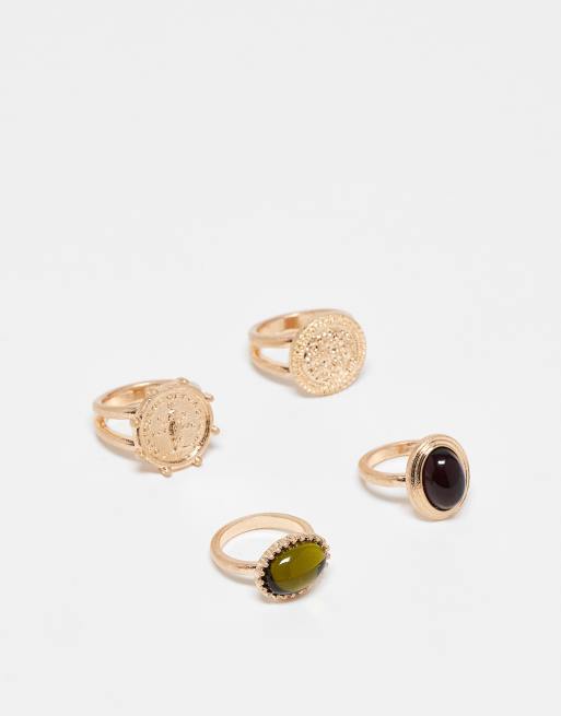 ASOS DESIGN - Set van 4 ringen in vintage stijl met gekleurde stenen in goudkleur