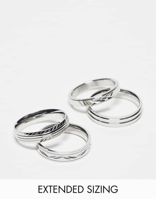 ASOS DESIGN - Set van 4 waterbestendige, roestvrijstalen skinny ringen met detail in reliëf in zilverkleur