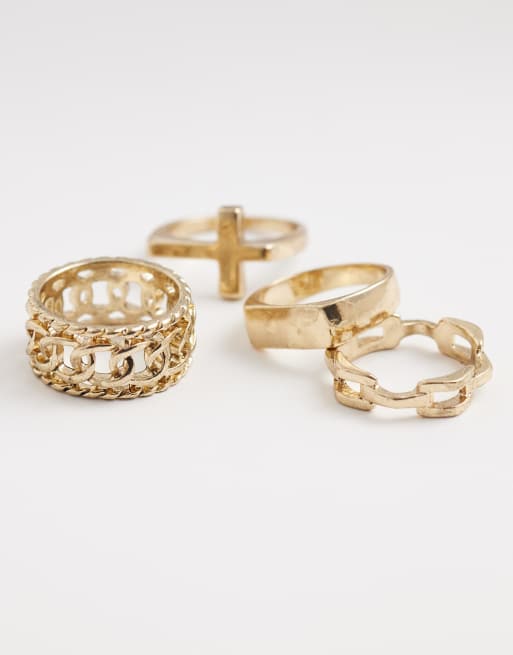 ASOS DESIGN - Set van 4 zegelringen met kruis en ketting in goud, 3 van 3