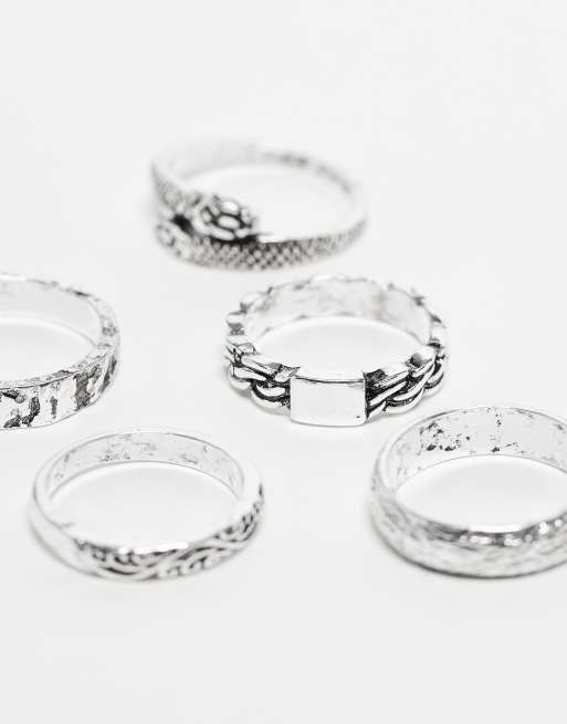 ASOS DESIGN - Set van 5 bandringen met slangenmotief in zilver, 3 van 3