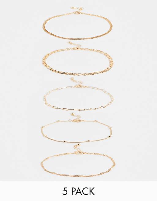 ASOS DESIGN - Set van 5 enkelbandjes met gemixte schakels in goudkleur