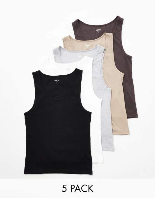 ASOS DESIGN - Set van 5 geribbelde muscle fit hemdjes in verschillende kleuren