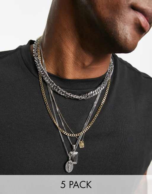ASOS DESIGN - Set van 5 kettingen van waterbestendig roestvrij staal met St Christopher- en vierkante hangertjes in zilver- en goudkleur