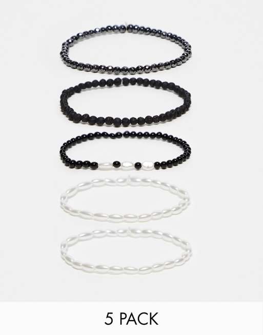 ASOS DESIGN - Set van 5 kralenarmbanden met imitatieparels en kralen van halfedelsteen in zwart en grijs   