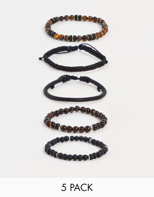 ASOS DESIGN - Set van 5 kralenarmbanden met zwarte en bruine kralen
