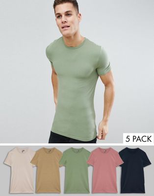 ASOS DESIGN - Set van 5 lange muscle-fit T-shirts met ronde hals, bespaar-Multi
