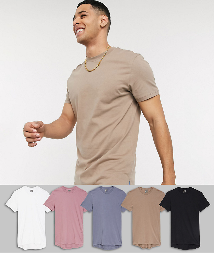 ASOS DESIGN - Set van 5 lange T-shirts met splitten-Multi
