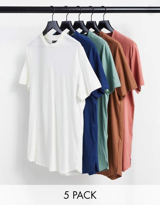 ASOS DESIGN - Set van 5 lange t-shirts met zijsplitten in verschillende kleuren