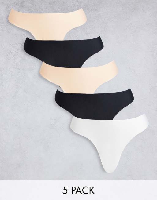 ASOS DESIGN - Set van 5 naadloze Braziliaanse slips met kant in zwart, beige en wit