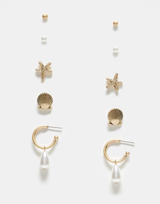 ASOS DESIGN - Set van 5 paar oorbellen met parels en schelpjes in goud kleur