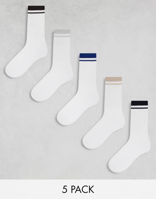 ASOS DESIGN - Set van 5 paar sokken met gekleurde randjes in wit 
