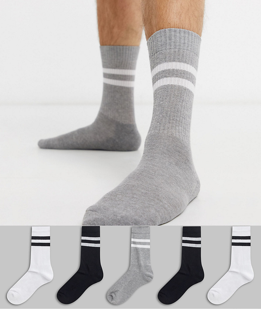 ASOS DESIGN - Set van 5 paar sportieve sokken met strepen in zwart/wit, voordeel-Multi
