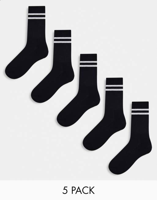 ASOS DESIGN - Set van 5 paar sportsokken in zwart met witte strepen