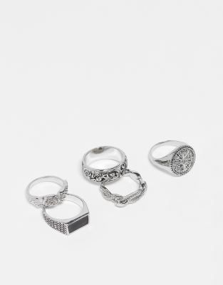 ASOS DESIGN - Set van 5 ringen met slang en kompas in zilverkleur