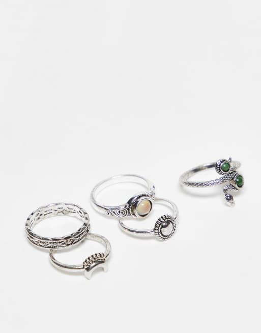ASOS DESIGN - Set van 5 ringen met vintage stenen ontwerp in gepolijste zilverkleur