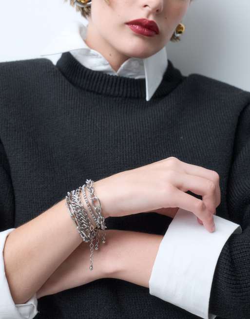 ASOS DESIGN - Set van 5 stapelarmbanden met gemengde schakels in zilverkleur, 2 van 4