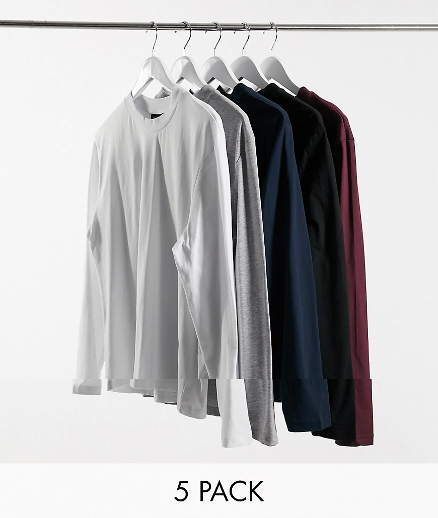 ASOS DESIGN - Set van 5 T-shirts met lange mouwen en ronde hals-Multi