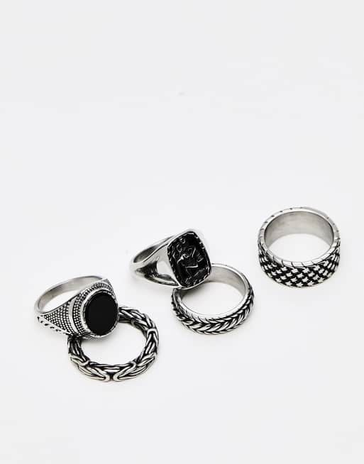 ASOS DESIGN - Set van 5 zegel- en bandringen van roestvrij staal met zwarte agaatsteen in zilverkleur