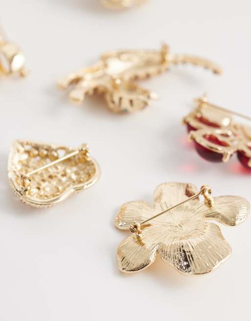 ASOS DESIGN - Set van 6 gemengde broches met siersteentjes in goudkleur, 3 van 4