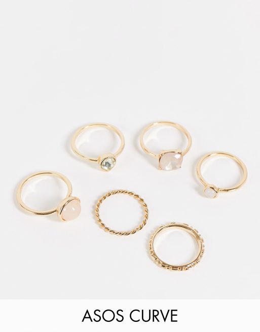 ASOS DESIGN - Set van 6 ringen met pastelgekleurde stenen in goudkleur