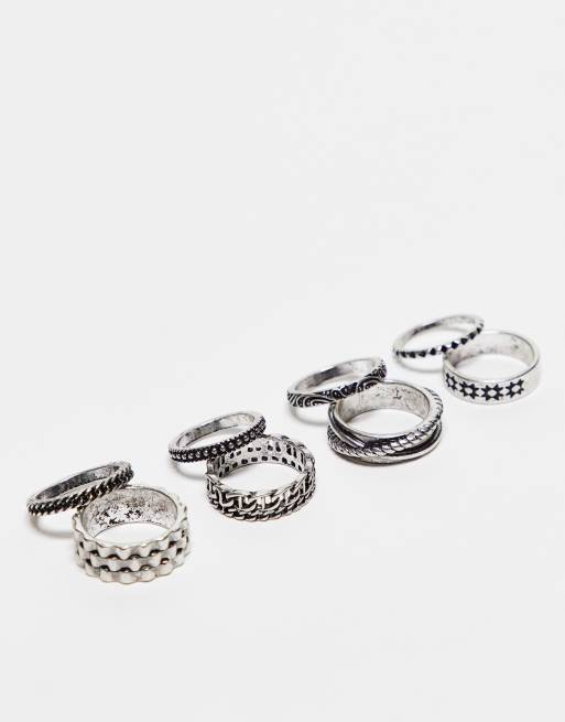 ASOS DESIGN - Set van 8 brede ringen in zilverkleur