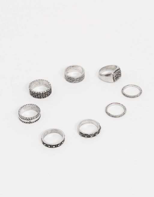 ASOS DESIGN - Set van 8 brede ringen met textuur in gepolijste zilverkleur