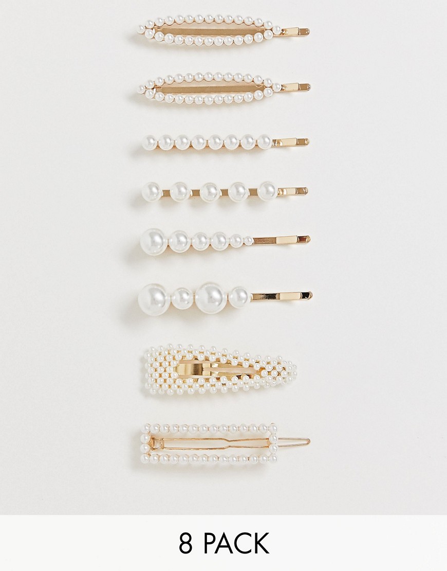 ASOS DESIGN - Set van 8 haarclips met verschillende vormen en parels-Crème